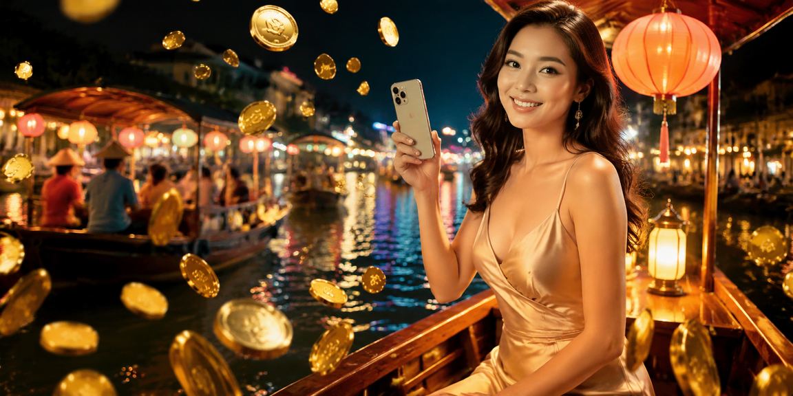 Người dùng tại chợ đêm Huế xem voucher casino trên điện thoại